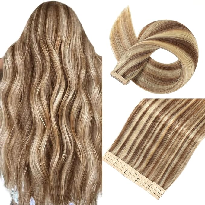 Tape in Hair Extensions Human Hair Chestnut Brown Highlighted Bleach Blonde Hair Extensions 18 Inch 20pcs Remy Straight Human Hair Tape in Extensions Skin Weft Tape Extensions Human Hair