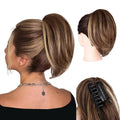 Clip on Ponytails for Women - 10 Inch Short Ponytail Extension, Straight Pony Tails Hair Extensions, Synthetic Hair Extensions Ponytail, Clip in Ponytail (Color: Red Brown Mixed Golden)