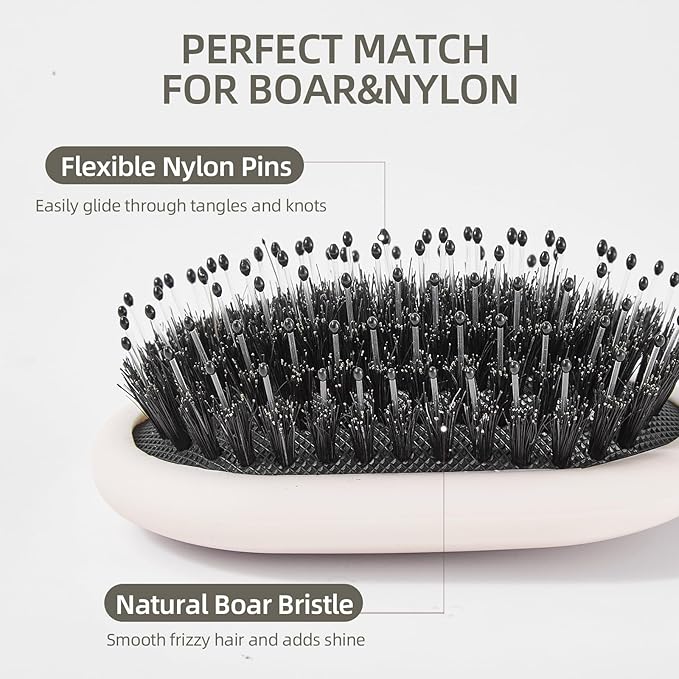 Boar Bristles Hair Brush for Women and Men, Detangling Hair Brush for Smoothing Massage Add Shine, Nylon&Boar Bristles Detangler brush for Hair Healthy (Medium-White)