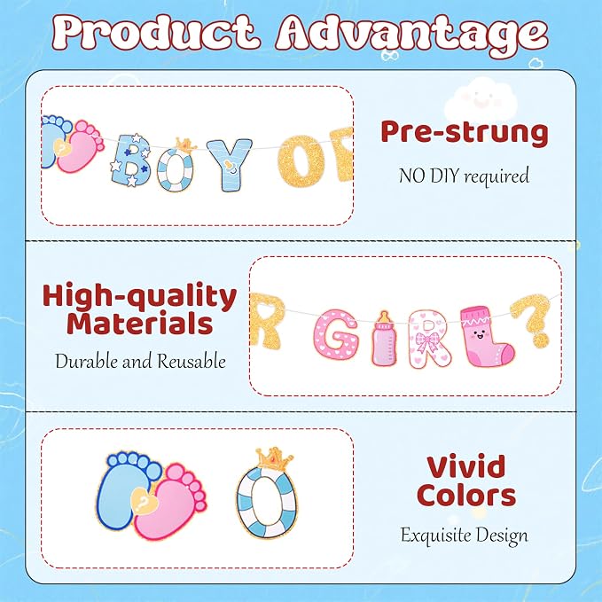 Boy or Girl Banner Baby Gender Reveal Decorations, Pre-Strung Cute Boy or Girl - Image 3