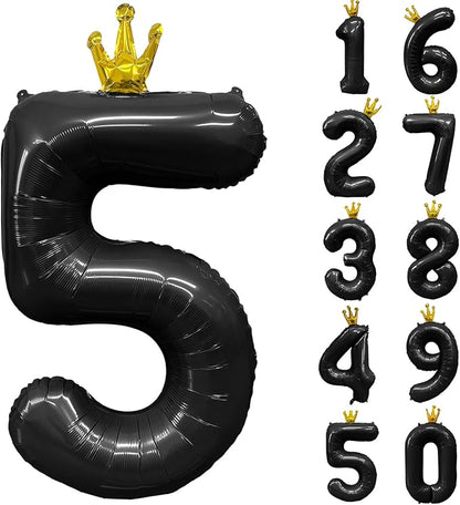 Black Number 5 Balloon with Crown, 40 inch Black Number Balloon 5th Birthday by Yeodong