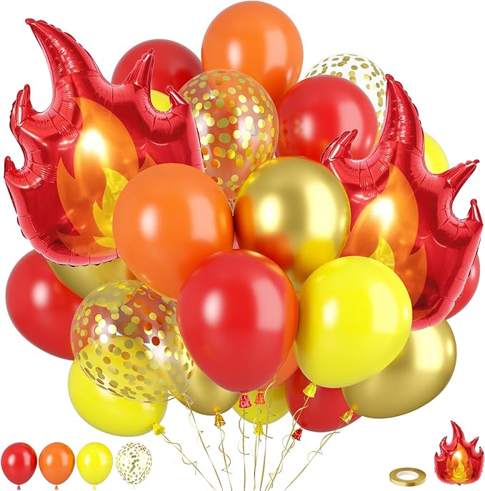 Fire Truck Balloons, 12inch Red Orange Yellow Balloons, Metallic Gold Confetti by Paready