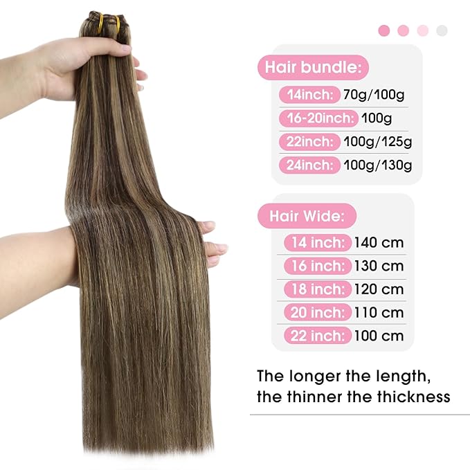 YoungSee Human Hair Weft Extensions Brown Highlight Sew in Hair Extensions Real Human Hair Dark Brown Mix Caramel Blonde Sew in Extensions Long Straight Hair 100G 24Inch