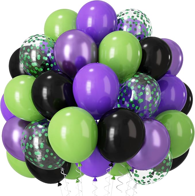 Purple and Green Balloons, 12 Inch Lime Neon Green Metallic Purple Black by Paeyeq