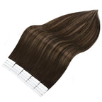 Full Shine Tape in Hair Extensions Invisible Real Human Hair Seamless Skin Weft Darkest Brown Fading to Ash Brown and Brown 12Inch Glue in Remy Hair Extensions Double Sided Extension Tape 20Pcs 30Gram