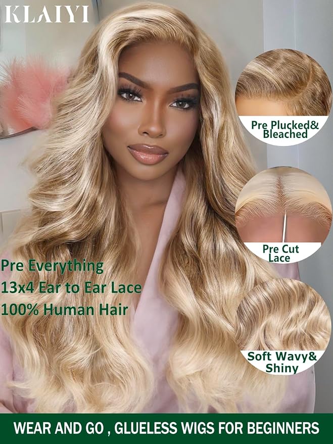 KLAIYI Ombre Ash Blonde Loose Body Wave Pre Everything Glueless 13x4 Lace Front Wigs Human Hair Balayage Precut Pre Plucked Bleached Bye Bye Knots 30S Ready to Wear and Go Wig Beginner Friendly 18Inch
