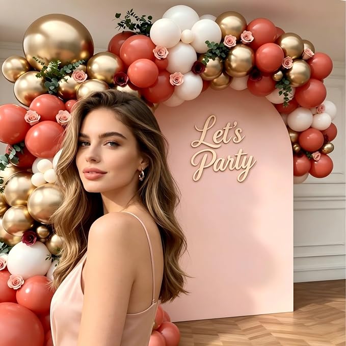 Coral Red Gold Balloon Garland Arch Kit, Coral Red Metallic Gold Latex Balloons - Image 5