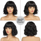Short Black Bob Wig With Bangs Synthetic Natural Hair Wigs for Women Shoulder Length Wavy Wig 1B Water Wave(14Inches)