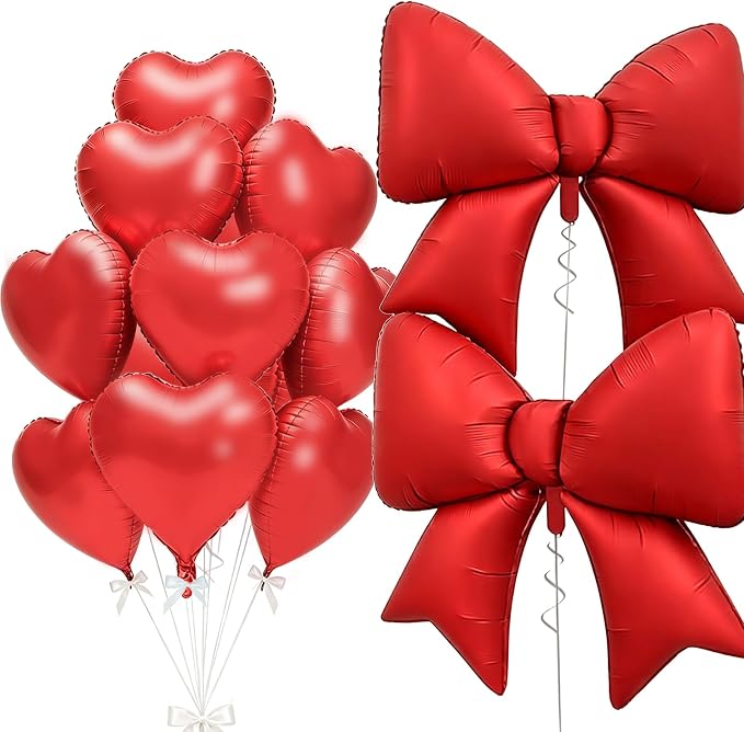 Vuzvuv Red Heart Balloons Red Bow Balloons Set, anniversary, Valentine's Day by Vuzvuv