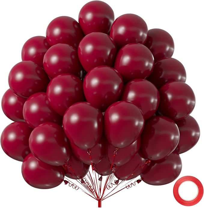 50pcs Burgundy Balloons 12 Inch, Premium Thick Matte Maroon Wine Red Latex by Q%26High+Life