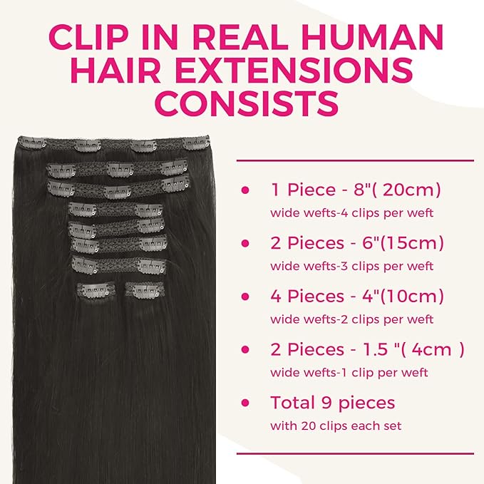 Lashey Clip in Hair Extensions, Straight 9pcs 150g Natural Black, 14 Inch Real Human Hair Thick Hair Extensions Clip ins for Black Women