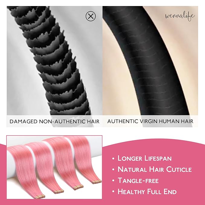 WENNALIFE Tape in Hair Extensions Human Hair Peach Pink Tape in Extensions, 10pcs 30g 26 inch Remy Invisible Tape Ins Straight Colored Soft Refill Set