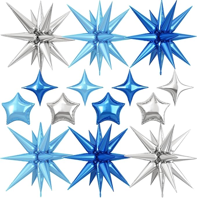 14pcs Blue Silver Star Balloons, Mixed Star Foil Balloon, 22Inch Explosion by vibzox
