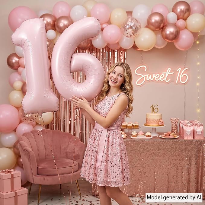 Blush Pink Number 16 Balloon 40 Inch, Foil Digits Theme Party Supplies | Matte - Image 6