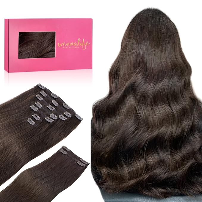 Wennalife Clip in Human Hair Extensions, 14 Inch 150g 9pcs Extensions Real Hair, Light Dark Brown Remy Ins Double Weft, #2A