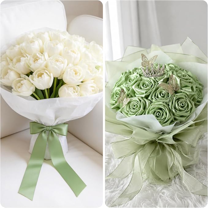 KINGLAKE Sage Green Satin Ribbon – 1-1/2 Inch x 2 Rolls Light Green Ribbon - Image 5