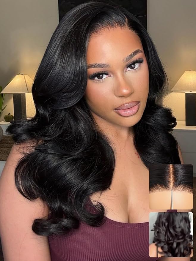 KLAIYI Pre Everything Glueless Layer Side Part Loose Body Wave 13x4 Lace Front Wigs Human Hair Drawstring Curtain Bangs Face framing Pre Bleached Knots Pre Plucked 3S Ready to Put On and Go Wig 24Inch
