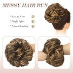 FESHFEN Messy Bun Hair Piece - Elastic Wavy Curly Hair Bun Scrunchies Extensions Synthetic Chignon Hairpieces for Women Girls, Brown Highlighted Caramel Blonde 1.5 oz