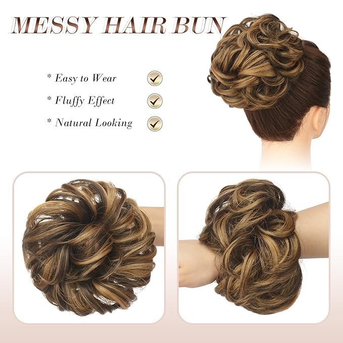 FESHFEN Messy Bun Hair Piece - Large Elastic Wavy Curly Hair Bun Scrunchies Ponytail Extensions Synthetic Chignon Hairpieces for Women, Brown Highlighted Caramel Blonde 1.94oz