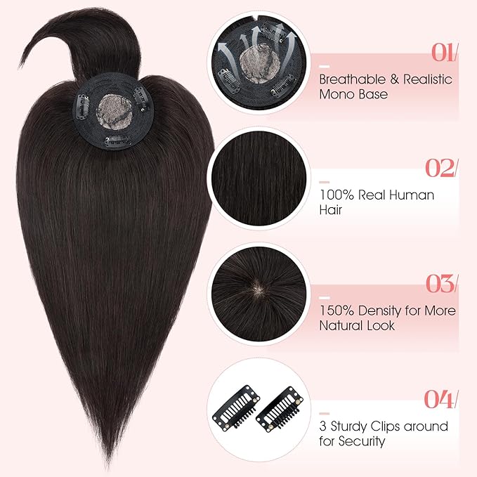Hairro Mono Hair Toppers with Bangs, 3.4" x 3.4" Mono Base 100% Real Human Hairpieces for Women, 150% Density Clips In Topper for Greyish Thinning Hair, 6 Inch Natural Black