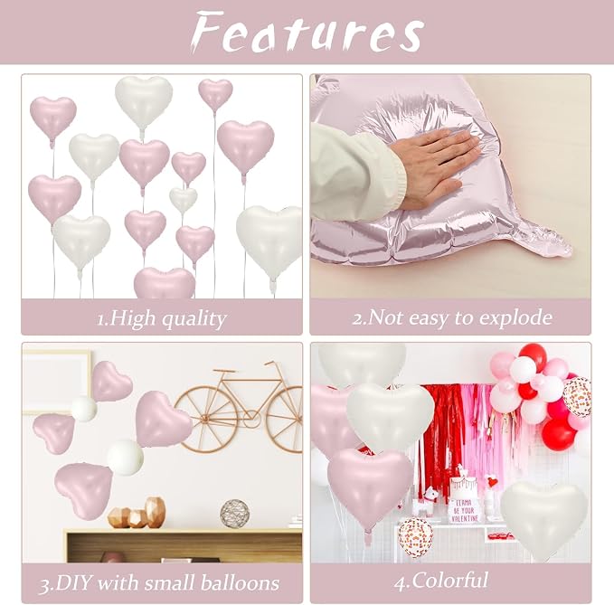 Baby Pink Heart Balloons: 10PCS 18inch Pastel Pink Beige Foil Heart Balloons - Image 7