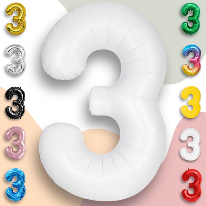 White Number Balloon 3 Mylar Foil Balloons 32 inch - Image 4