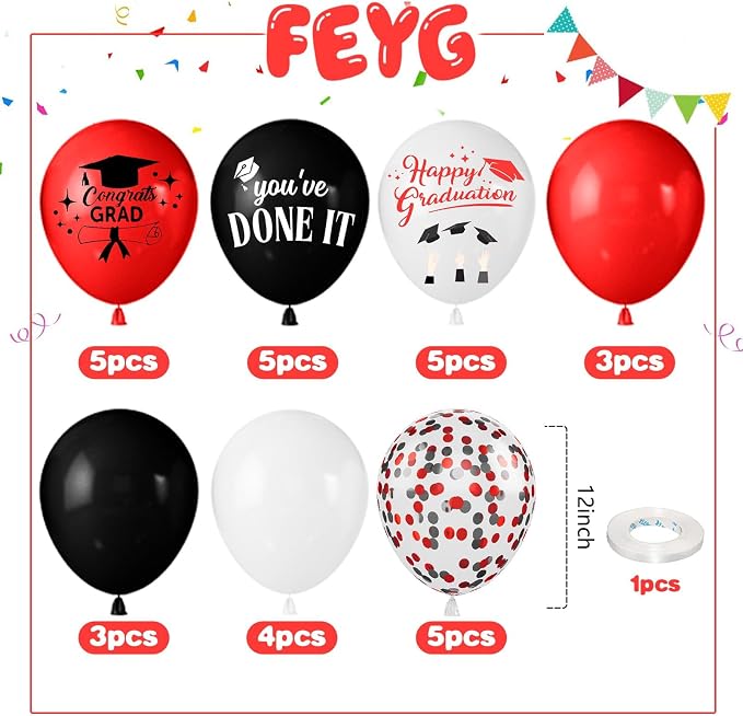 Red Black and White Balloons, 12 Inch Print You've Done It Happy Graduation - Image 2