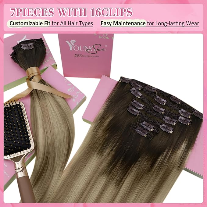 YoungSee 150G Clip in Human Hair Extensions Balayage Walnut Brown Ombre Light Brown with Blonde Long Human Hair Clip in Extensions Balayage Clip in Hair Extensions Straight Hair 24inch 7pcs