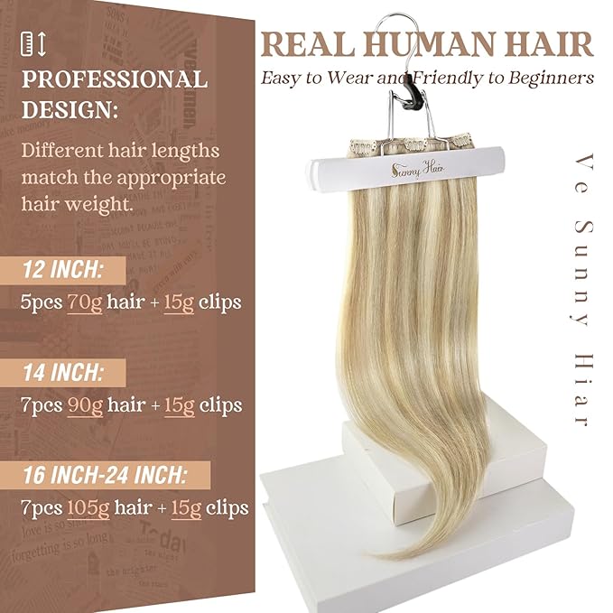 Ve Sunny Clip in Hair Extensions Real Human Hair Dark Blonde Highlights Golden Blonde Clip on Extensions for Women Natural Human Hair Extensions Straight 7pcs 18 inch 120g