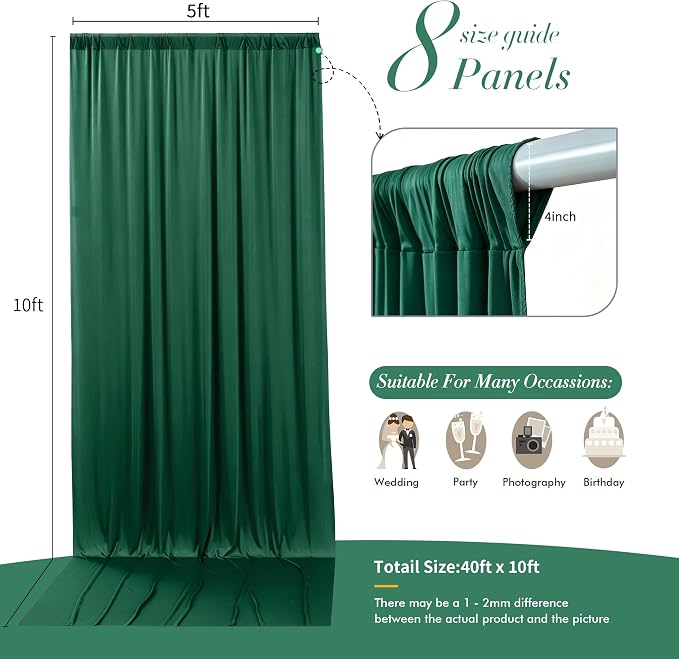 40 ft x 10 ft Wrinkle Free Hunter Green Backdrop Curtain - Image 5