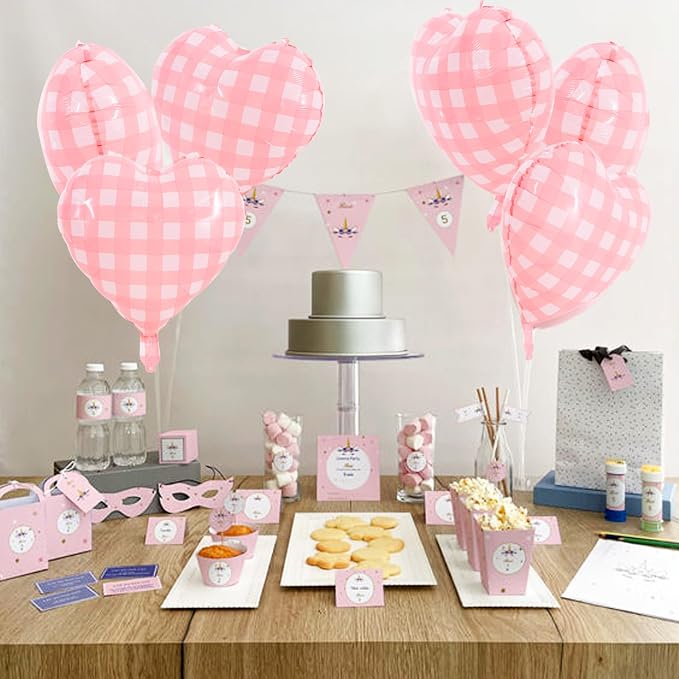 TONIFUL 30 Pcs Pink Gingham Heart Balloons 18 Inch Heart Shape Foil Balloon | - Image 6