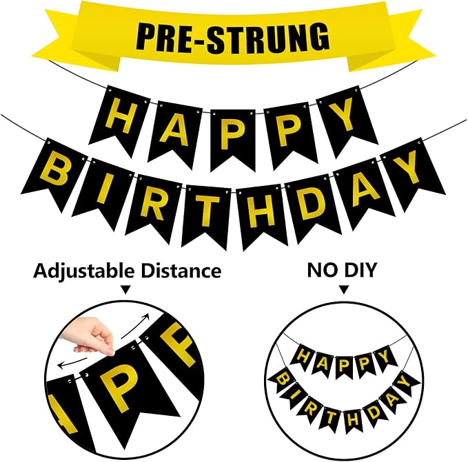 Pre-Strung Black and Gold Happy Birthday Banner Sign - Image 3
