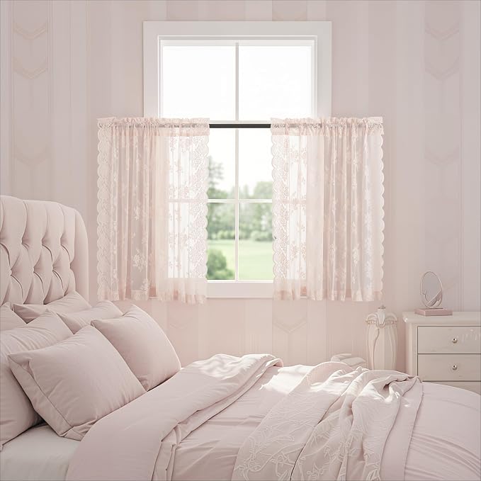Kotile Blush Pink Lace Curtains Country Floral W42 x L36 Inch, 2 Panels | Rod - Image 7
