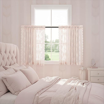 Kotile Blush Pink Lace Curtains Country Floral W42 x L36 Inch, 2 Panels | Rod - Image 7