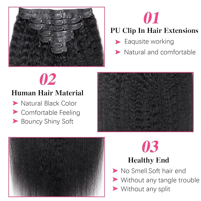 Seamless Kinky Straight Clip In Hair Extensions Invisible PU Weft Kinky Straight Clip Ins Human Hair Extensions 8pcs with 18Clips Per Set 120g(20inch,Natural Black)