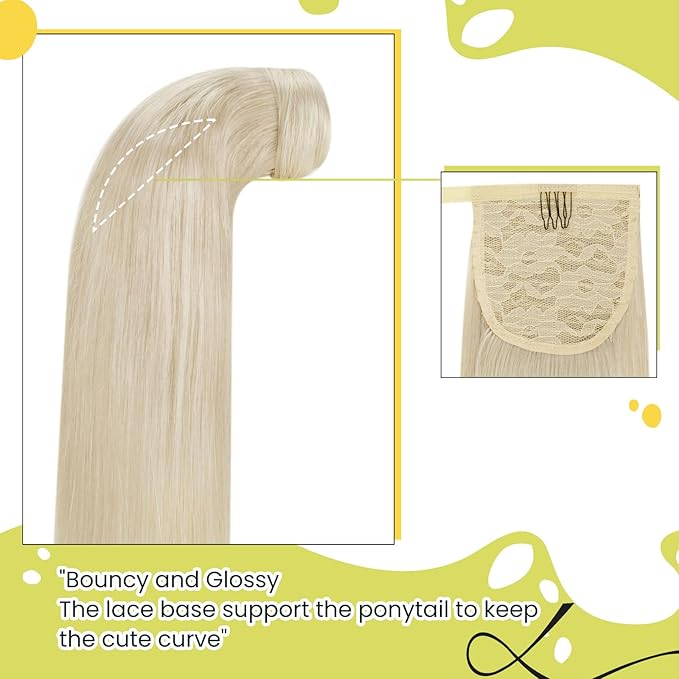 RUNATURE Blonde Ponytail Extension Human Hair, Wrap Around Real Hair Ponytail Extension, Straight Remy Human Hair Ponytail for Women 16 Inch 80g #800 Platinum Blonde