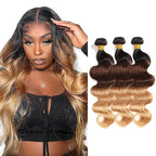 Ombre Blonde Bundles Human Hair T1B4/27 Body Wave Bundles 14 16 18 Inch Niegmeag Brazilian Virgin Remy Hair Extensions Double Weft 3 Tone Honey Blonde and Brown Bundle Hair Weave