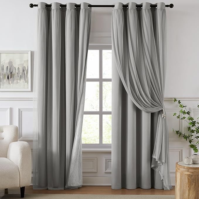 100% Blackout Curtains for Bedroom, Double Layer Grey Curtains, Room Darkening by Swandream