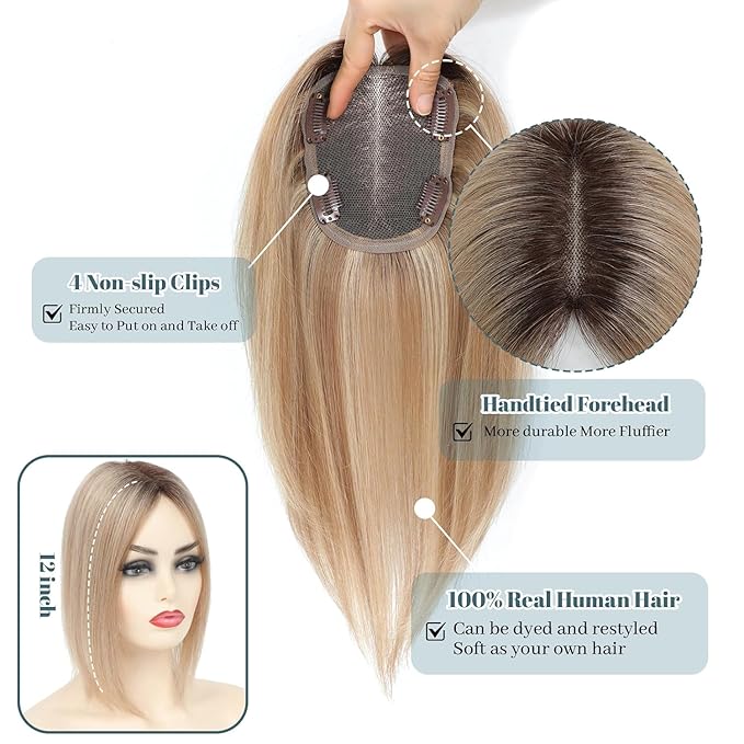 Human Hair Toppers for Women Real HairTopper with Thinning Hair 120% Density Round Shaped Swiss Base Hair Pieces 40g-Medium Brown to Creamy Iced Blone（4T1016#）