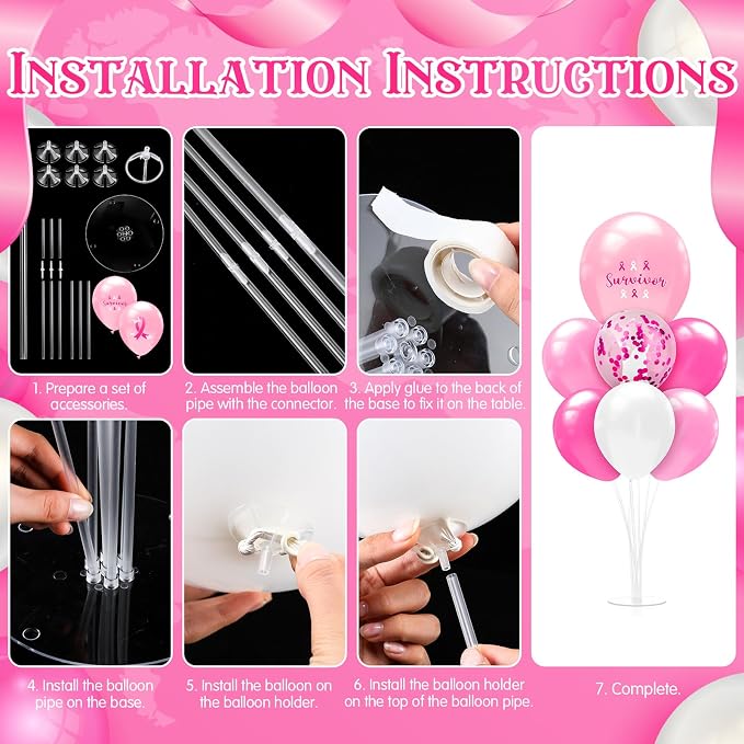 Seematn 2 Set Breast Cancer Awareness Balloon Stand Kits Pink Ribbon Balloon - Image 4