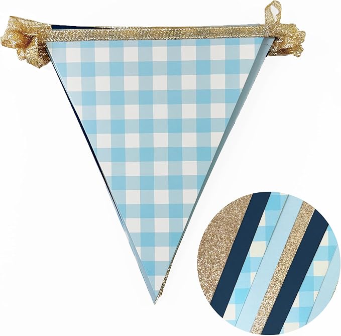 Navy Blue Champagne Gold Dusty Blue Buffalo Plaid Pennant Banner Flag Hanging - Image 3