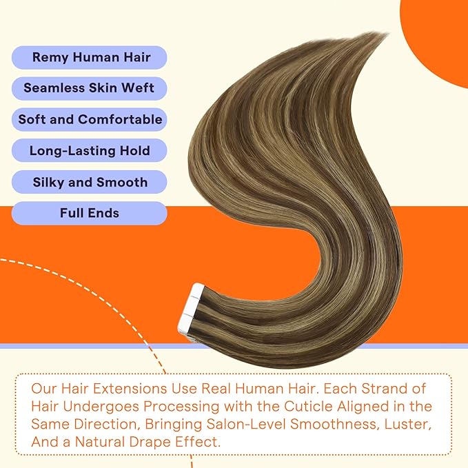 Full Shine Tape in Hair Extensions Human Hair Color 4 Medium Brown Highlight 27 Honey Blonde Fashion Invisible Double Sided Hair Extensions Tape in 20PCS Natural Straight Remy Hair 50g for Party