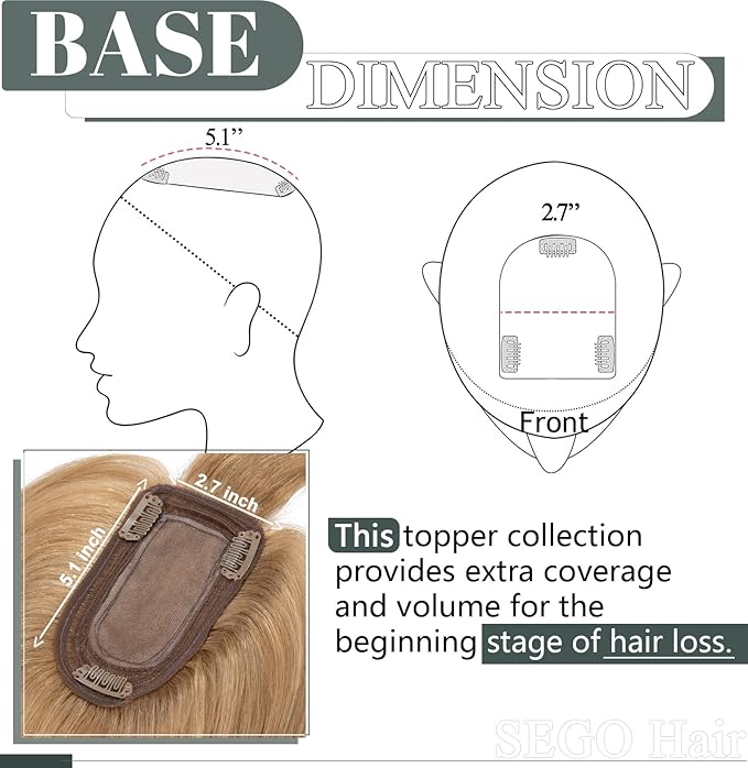 SEGO Hair Toppers for Women Real Human Hair with Thinning Hair, Toppers Hair Pieces Clip in Toppers Straight Hair Pieces with Front Bangs 150% Density Silk Base -6 Inch #27 Dark Blonde