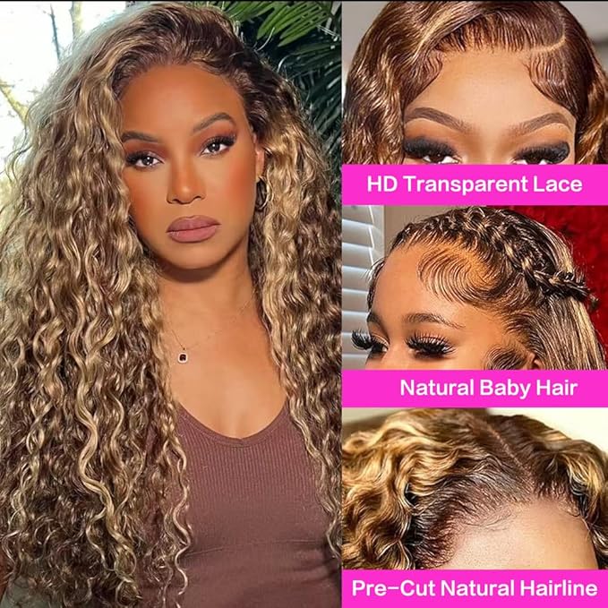 26inch Highlight Ombre Lace Front Wig Human Hair 13x6 HD Honey Blonde 4/27 Deep Wave Lace Frontal Wigs Glueless Wigs Human Hair (4/27 Honey Blonde, 26 inch)