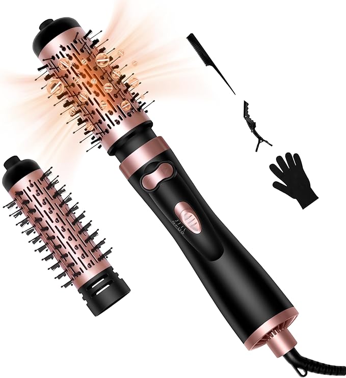 Hair Dryer Brush, 3-in-1 Rotating Round Hot Air Spin Brush Set with 2 Brushes (2" & 1.5"), Negative Ionic Blow Volumizer, 2 Detachable Auto-Rotating Curling Brush, Blow Dryer Brush,Dry as You Style