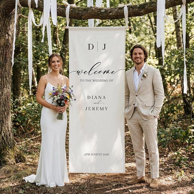 Personalized Wedding Welcome Banner Linen – Custom Names & Date, Elegant Fabric - Image 3