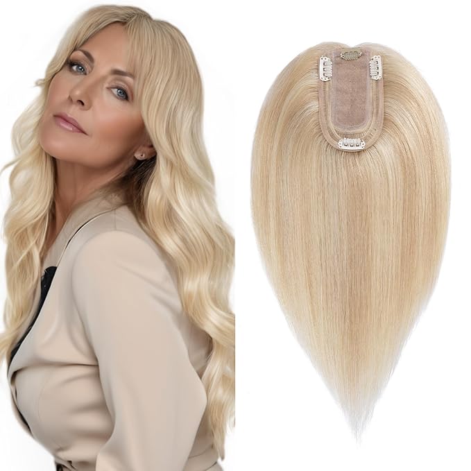 SEGO Real Human Hair Topper for Women No Bangs, Hair Topper with Anti-Slip Clips (6 Inches Ash Blonde Mix Bleach Blonde)