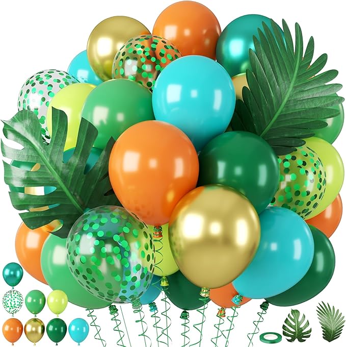 Dinosaur Balloons Set, 12 Inch Dark Green Teal and Orange Balloons, Metallic by BIAPIAN