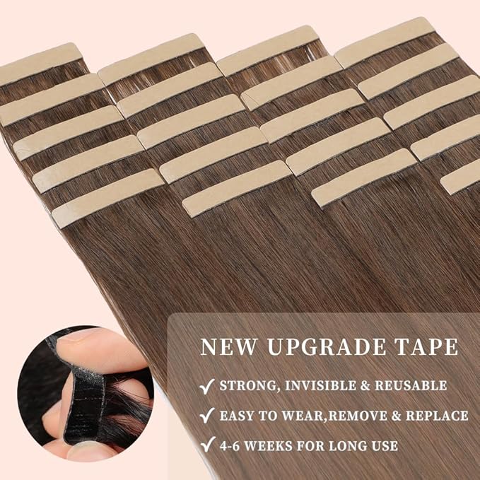 Human Hair Tape in Extensions Chestnut Brown Mixed Dark Auburn 22 Inch 20pcs Seamless Skin Weft Tape in Hair Extensions Double Sided Invisible Tape in Hair Extensions Human Hair (4/4/33#,22 Inch)