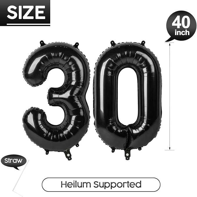 30 Balloon - Black Birthday Number Balloons, 40 Inch Decorations Men Women | - Image 5
